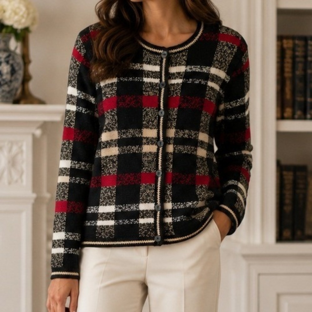 Christopher & Banks Women Plaid Button Front Cardigan Black Red Old Money Prep M